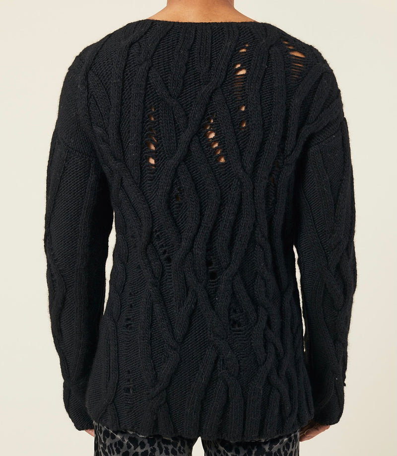 BLACK OVERSIZED DISTRESSED CABLE-KNIT SWEATER